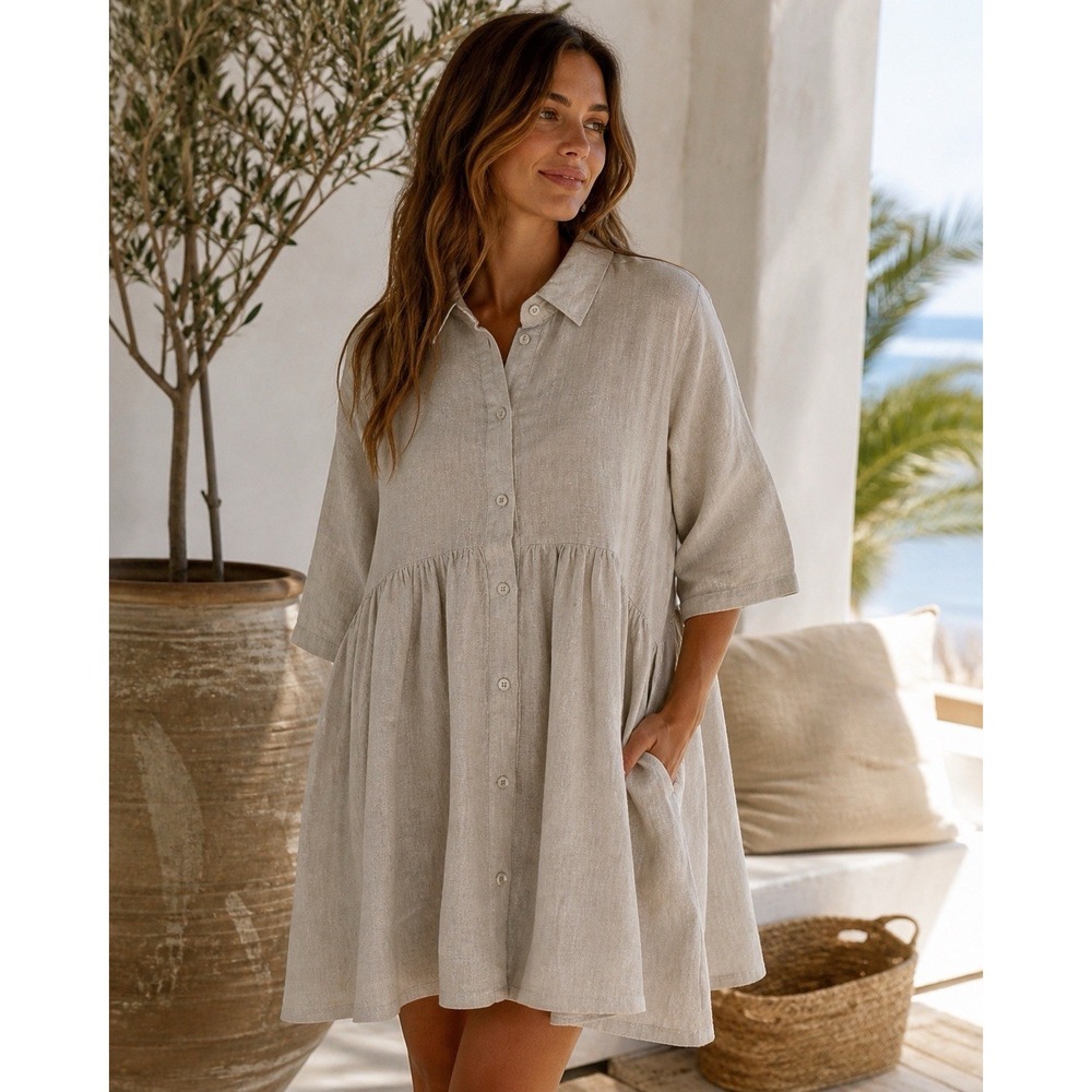 NWT Crown Linen Designs 100% Linen Tunic Dress L Beige Button Front Minimalist